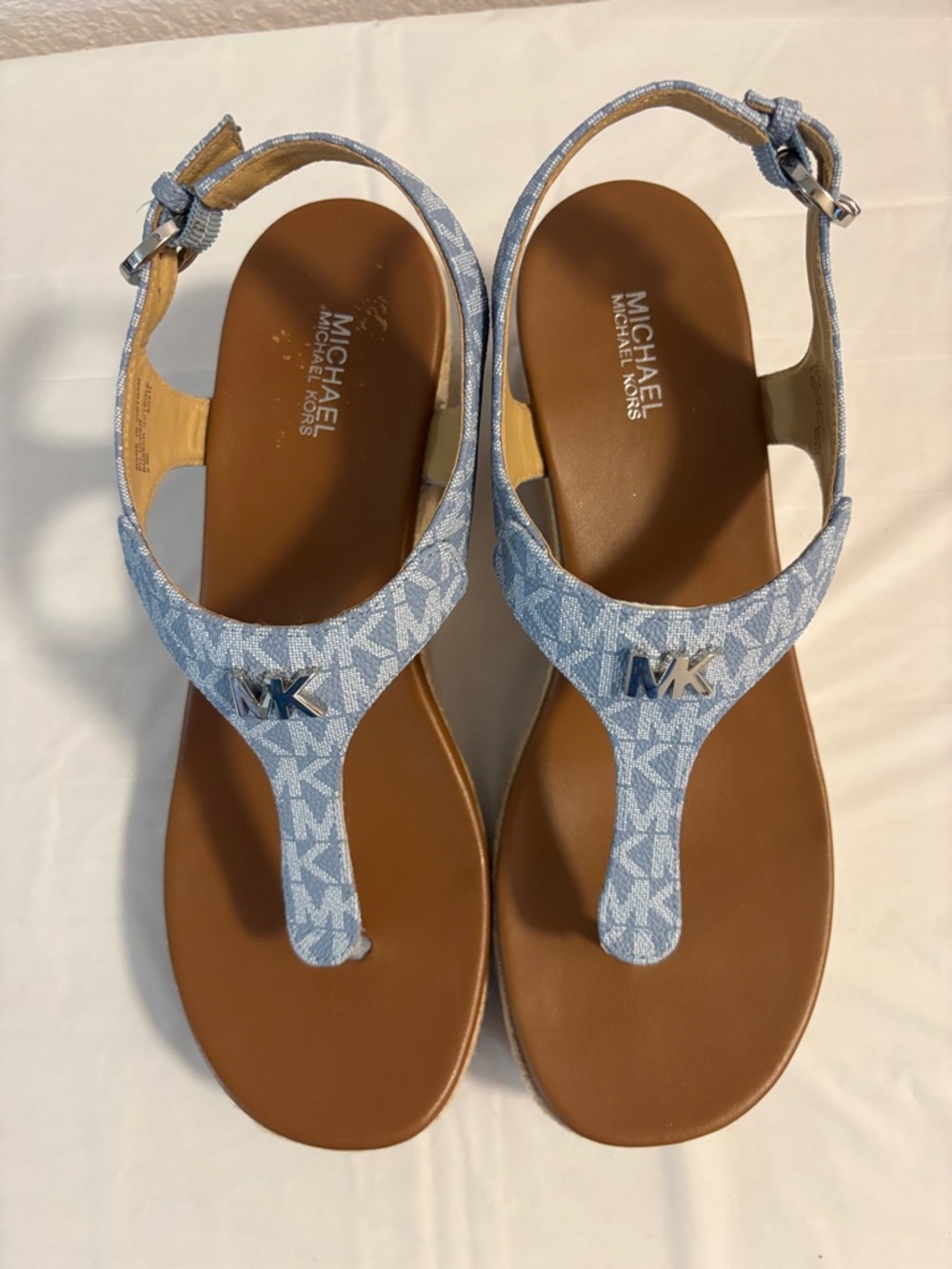 Michael Kors Light Blue MK Logo T-Strap Sandals